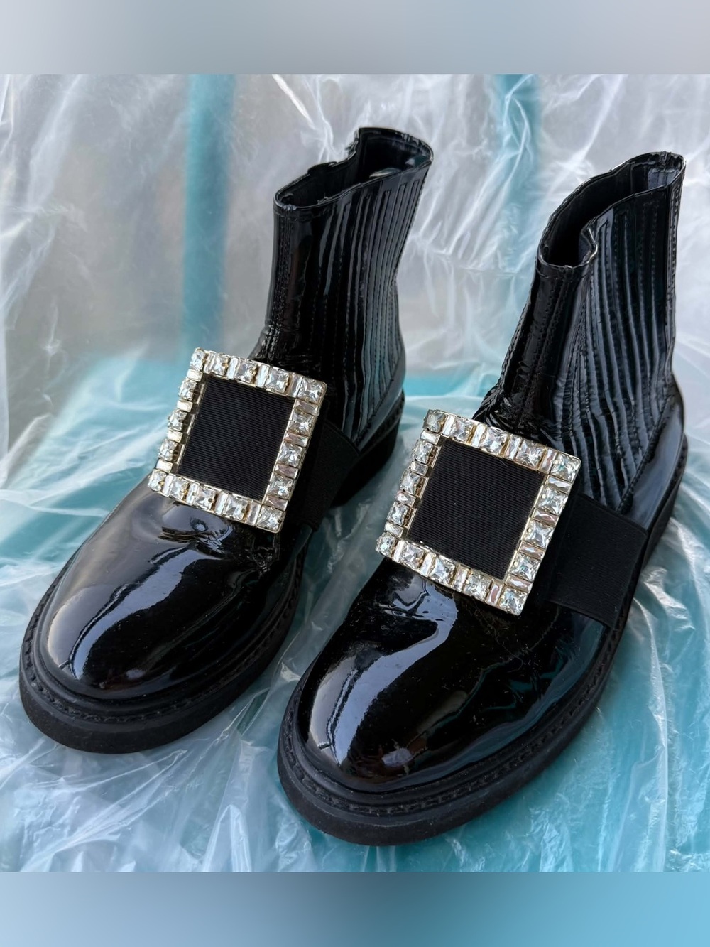 Roger Vivier Black Rangers Chelsea Patent Ankle Boots Crystal Square Buckles